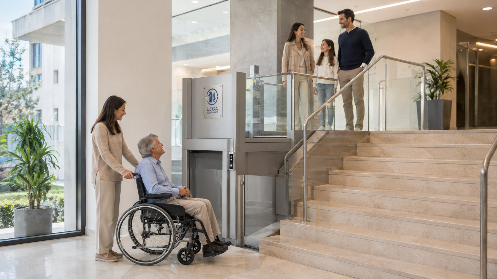 Plataforma elevadora de accesibilidad de Lega Elevadores con usuario en silla de ruedas