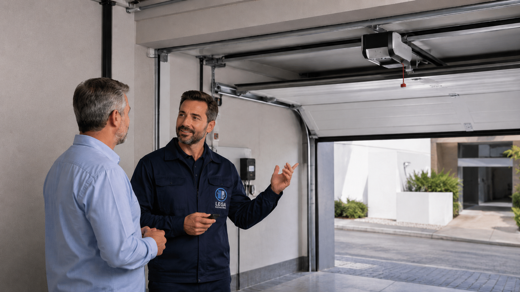 Técnico de Lega Elevadores mostrando una puerta de garaje